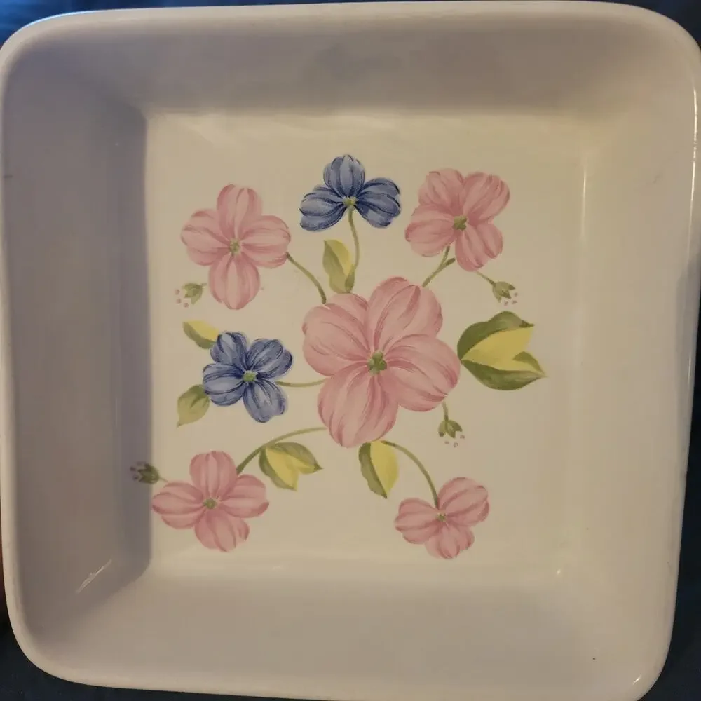 Vintage 1970s Oven Baking Dish Pink Blue Flowers Made in Japan 5.75 Square Retro